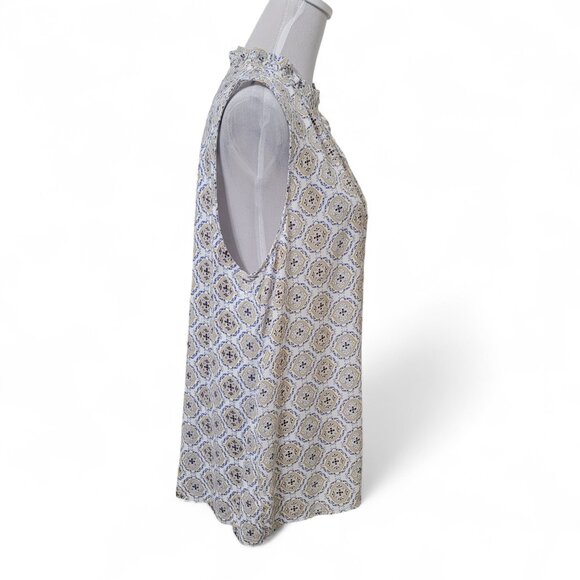 LOFT Size XL White with Blue, Tan & Yellow Medallion Pattern Sleeveless Blouse - Picture 5 of 12